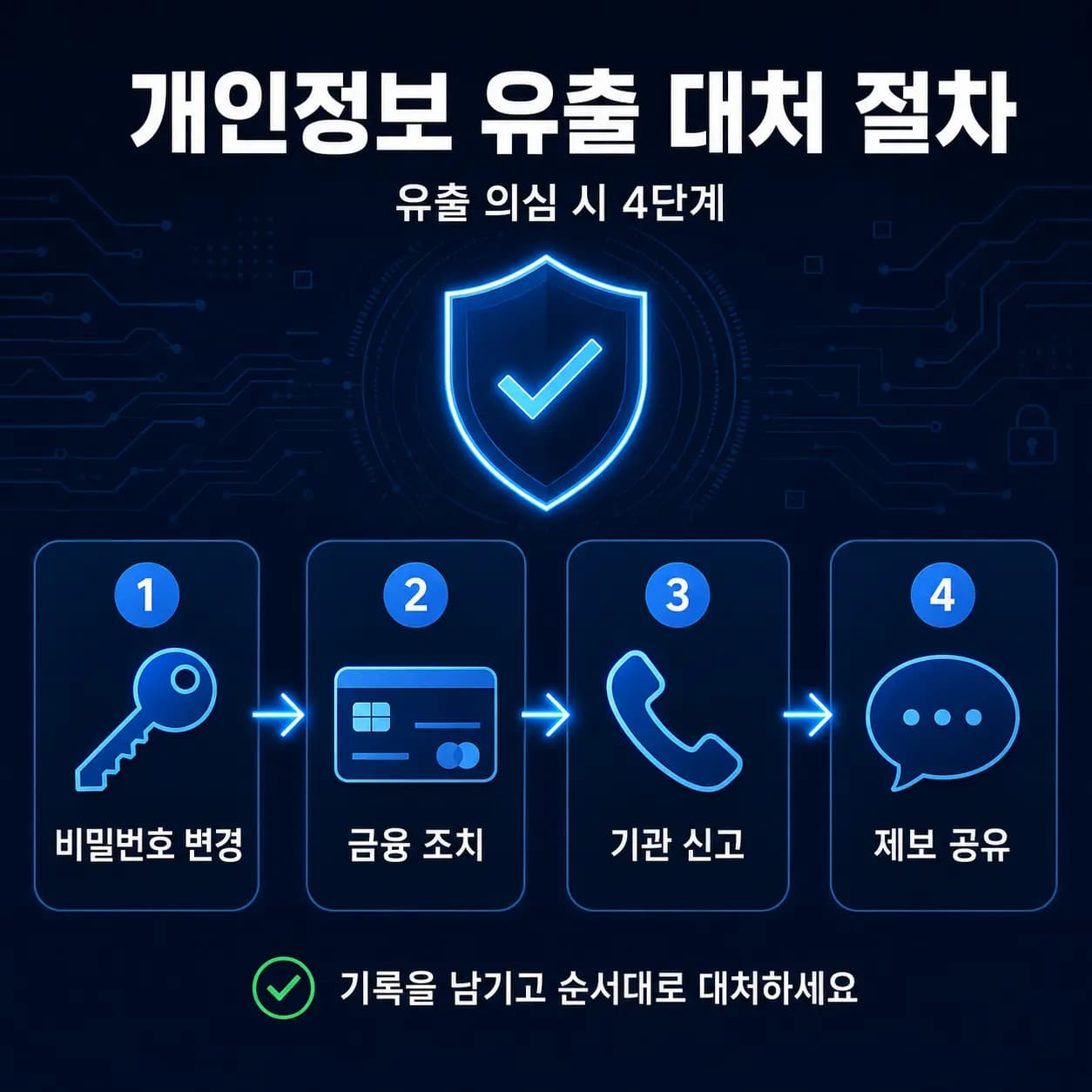 개인정보 유출 대처 절차 4단계 — 비밀번호 변경, 금융 조치, 기관 신고, 제보 공유