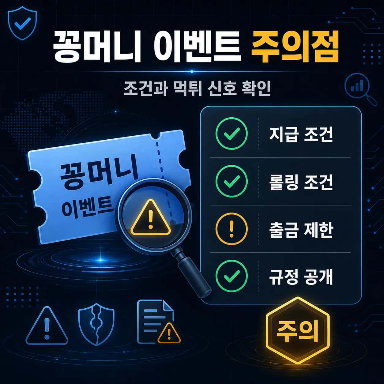꽁머니 이벤트 주의점 꽁머니 이벤트 주의점 인포그래픽 — 지급 조건, 롤링 조건, 출금 제한, 규정 공개 확인